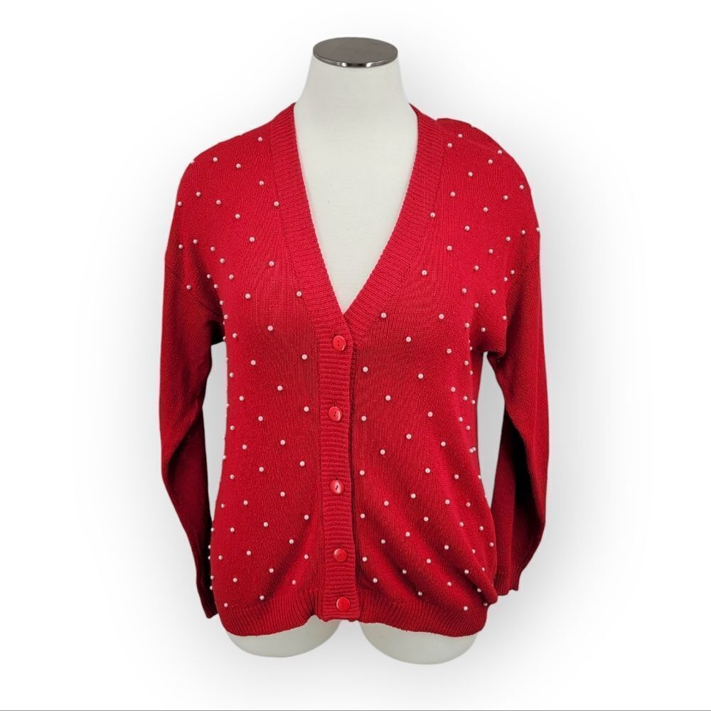 Raoul Vintage Silk Red V-Neck Cardigan Sweater with Pearl Details